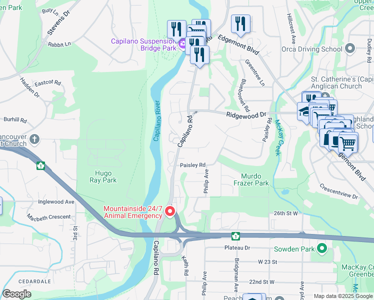 map of restaurants, bars, coffee shops, grocery stores, and more near 1521 Fintry Place in North Vancouver