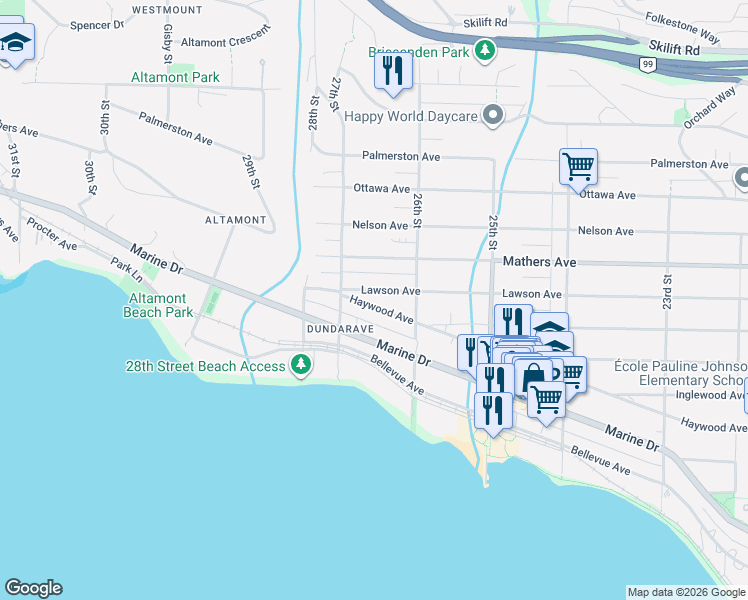 map of restaurants, bars, coffee shops, grocery stores, and more near 2657 Haywood Avenue in West Vancouver