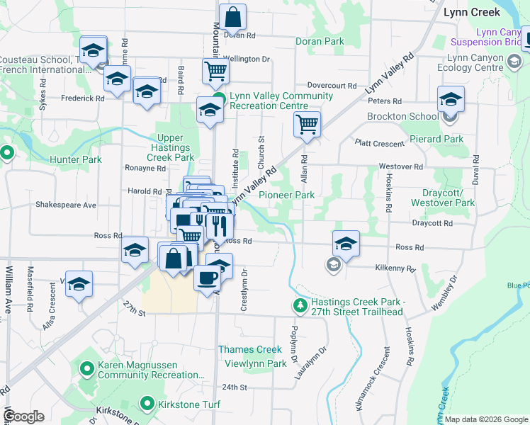 map of restaurants, bars, coffee shops, grocery stores, and more near 1422 Draycott Road in North Vancouver