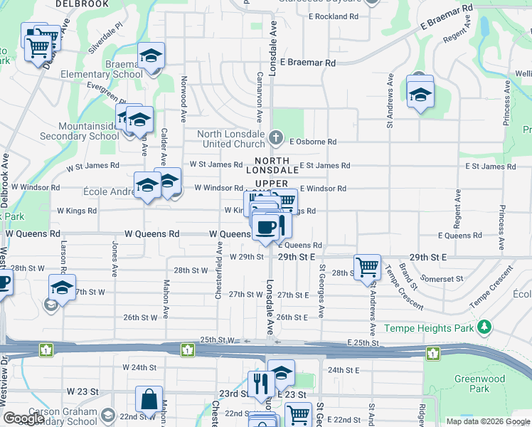 map of restaurants, bars, coffee shops, grocery stores, and more near 105 West Kings Road in North Vancouver