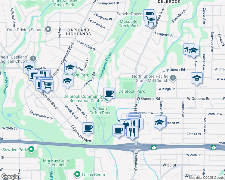 map of restaurants, bars, coffee shops, grocery stores, and more near 3083 Bewicke Avenue in North Vancouver