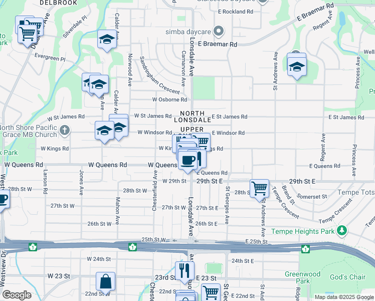 map of restaurants, bars, coffee shops, grocery stores, and more near 105 West Kings Road in North Vancouver