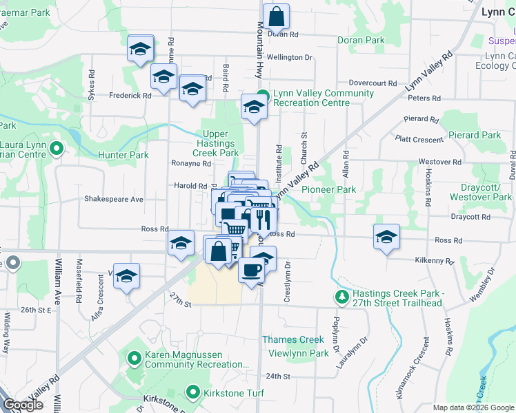 map of restaurants, bars, coffee shops, grocery stores, and more near 3146 Mountain Highway in North Vancouver
