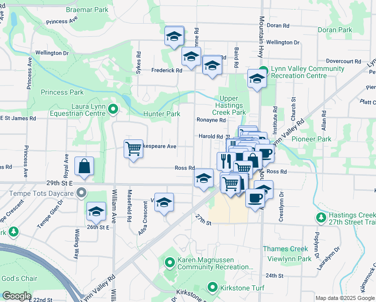 map of restaurants, bars, coffee shops, grocery stores, and more near 3073 Fromme Road in North Vancouver