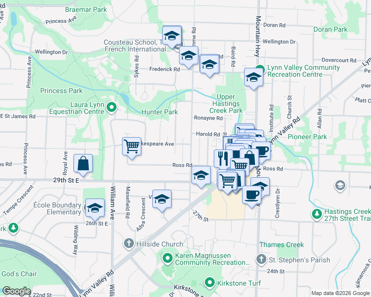 map of restaurants, bars, coffee shops, grocery stores, and more near in North Vancouver