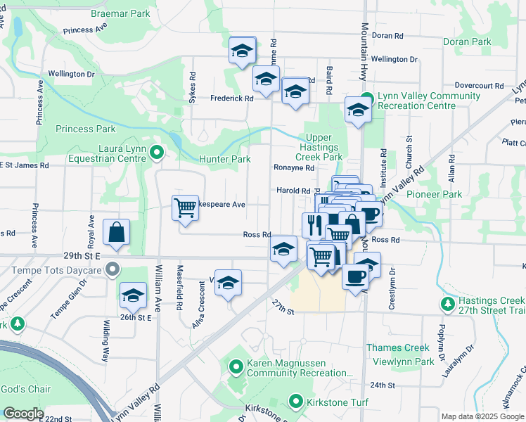 map of restaurants, bars, coffee shops, grocery stores, and more near 3073 Fromme Road in North Vancouver