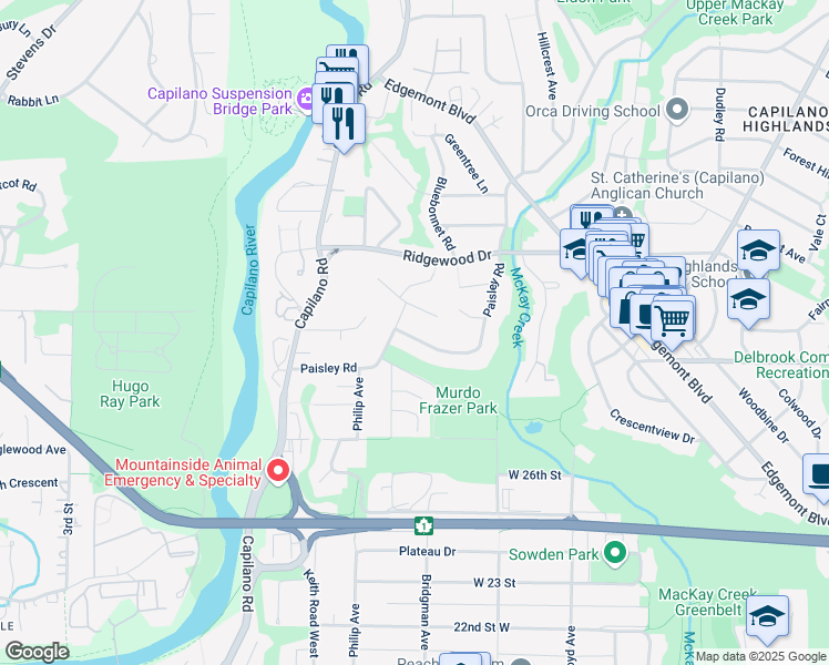map of restaurants, bars, coffee shops, grocery stores, and more near 3014 Paisley Road in North Vancouver