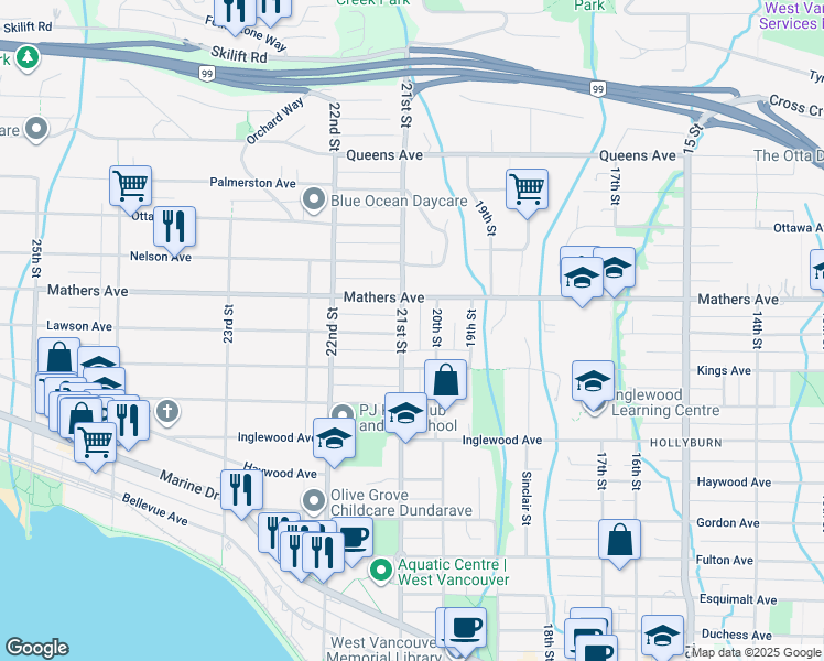 map of restaurants, bars, coffee shops, grocery stores, and more near 1388 21 St in Greater Vancouver Regional District
