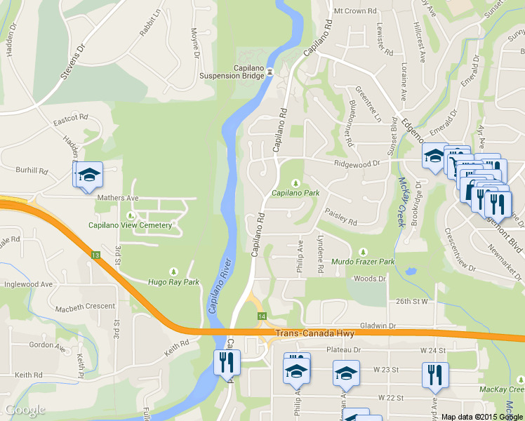 map of restaurants, bars, coffee shops, grocery stores, and more near 3010 Capilano Road in North Vancouver