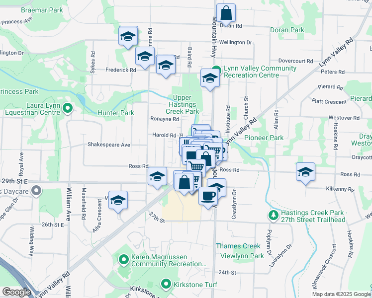 map of restaurants, bars, coffee shops, grocery stores, and more near 1205 Harold Road in North Vancouver