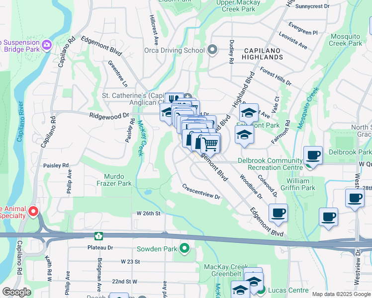 map of restaurants, bars, coffee shops, grocery stores, and more near 3045 Highland Boulevard in North Vancouver
