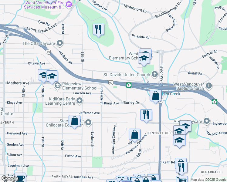 map of restaurants, bars, coffee shops, grocery stores, and more near 955 Lawson Avenue in West Vancouver
