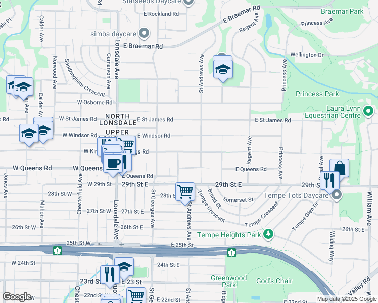 map of restaurants, bars, coffee shops, grocery stores, and more near 361 East Kings Road in North Vancouver