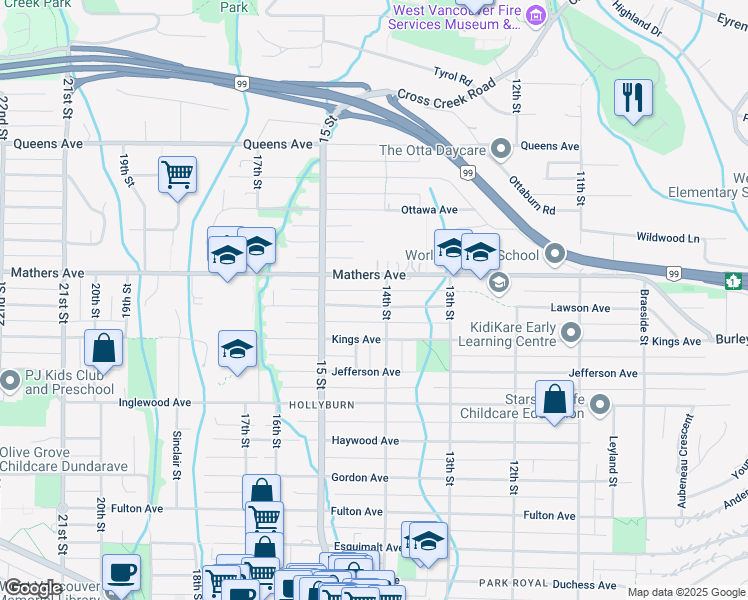 map of restaurants, bars, coffee shops, grocery stores, and more near 1427 Lawson Avenue in West Vancouver