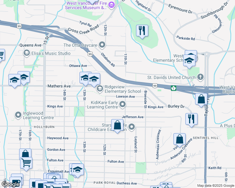 map of restaurants, bars, coffee shops, grocery stores, and more near 1141 Lawson Avenue in West Vancouver
