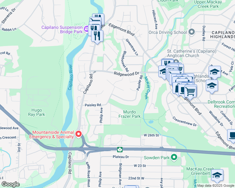 map of restaurants, bars, coffee shops, grocery stores, and more near 3014 Paisley Road in North Vancouver