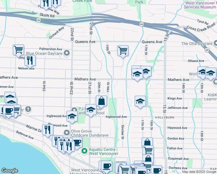 map of restaurants, bars, coffee shops, grocery stores, and more near 1385 19th Street in West Vancouver