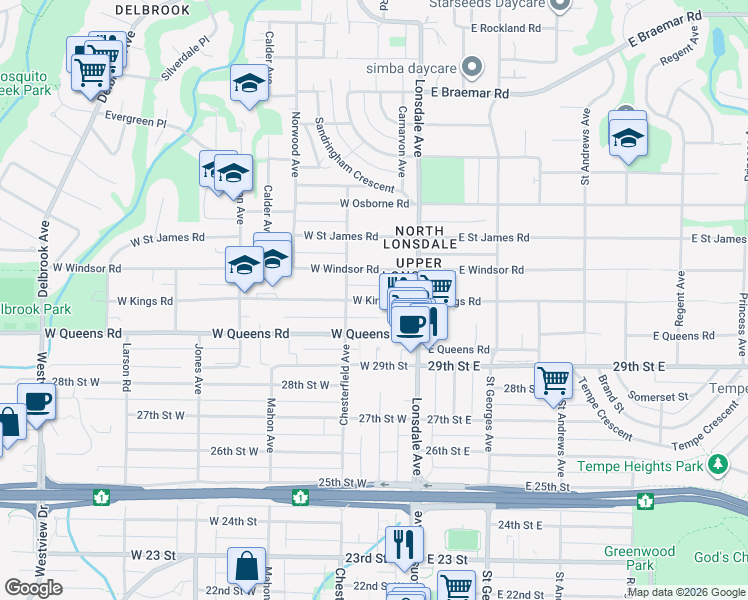 map of restaurants, bars, coffee shops, grocery stores, and more near West Kings Road in North Vancouver