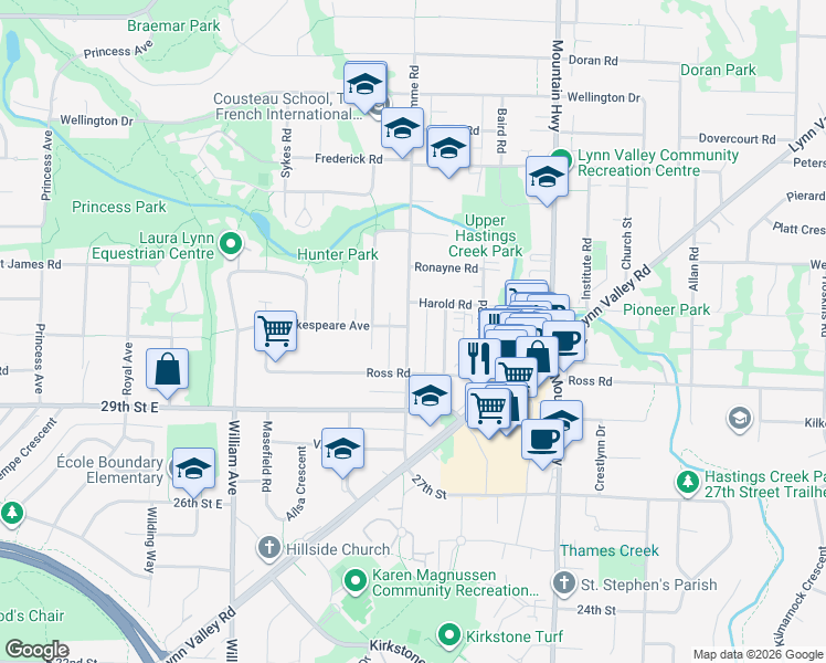 map of restaurants, bars, coffee shops, grocery stores, and more near in North Vancouver