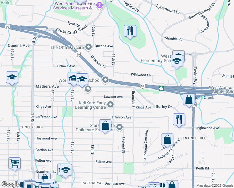 map of restaurants, bars, coffee shops, grocery stores, and more near 1085 Lawson Avenue in West Vancouver