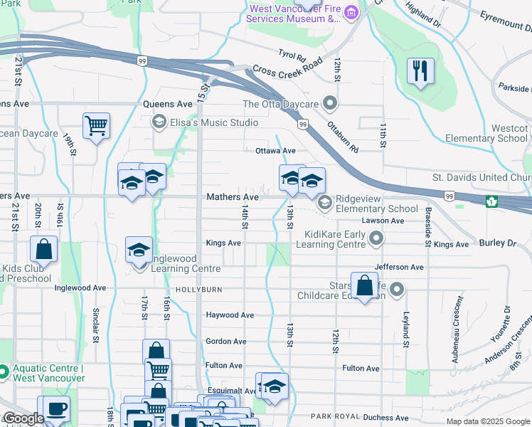 map of restaurants, bars, coffee shops, grocery stores, and more near 1361 Lawson Avenue in West Vancouver