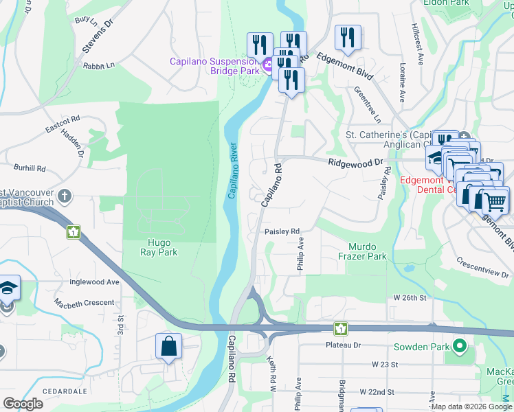 map of restaurants, bars, coffee shops, grocery stores, and more near 3125 Capilano Crescent in North Vancouver