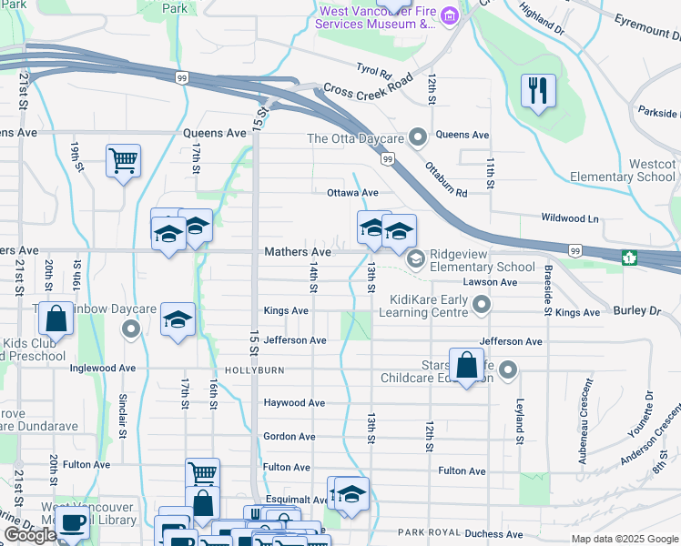 map of restaurants, bars, coffee shops, grocery stores, and more near 1361 Lawson Avenue in West Vancouver