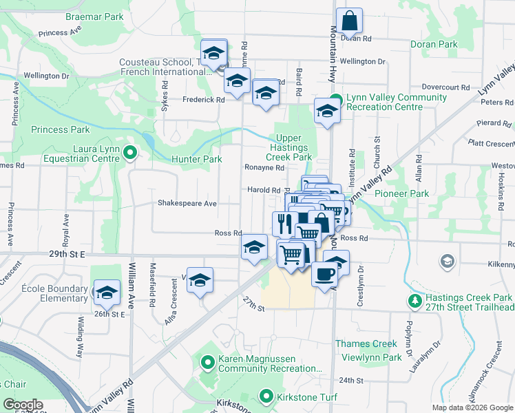 map of restaurants, bars, coffee shops, grocery stores, and more near 3135 Sunnyhurst Road in North Vancouver
