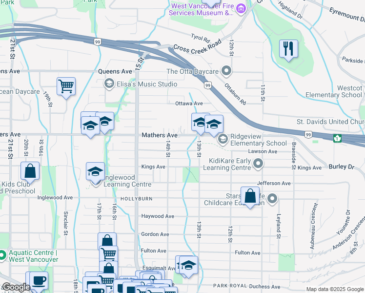 map of restaurants, bars, coffee shops, grocery stores, and more near 1361 Lawson Avenue in West Vancouver
