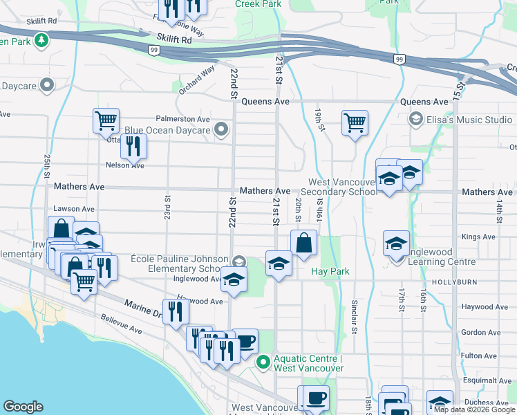 map of restaurants, bars, coffee shops, grocery stores, and more near 2135 Lawson Avenue in West Vancouver