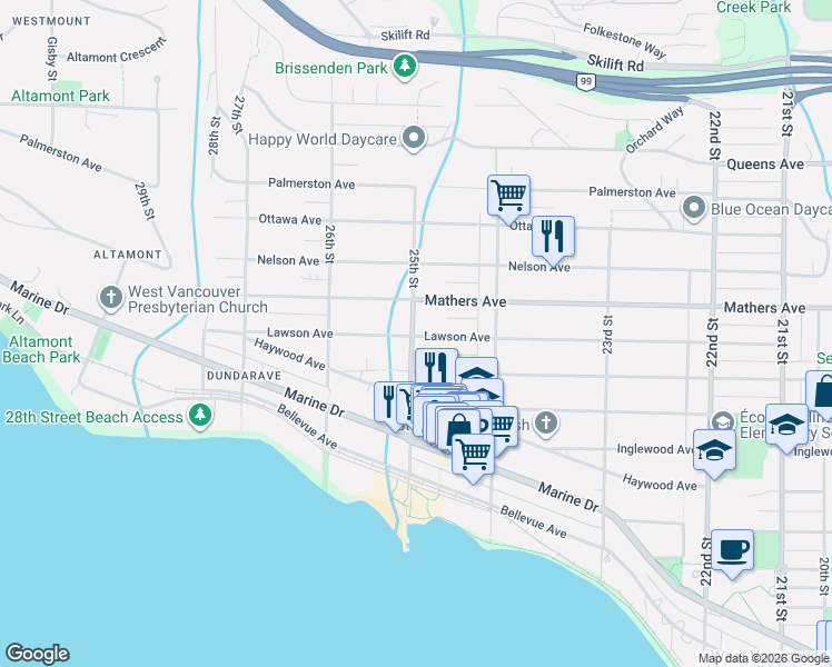 map of restaurants, bars, coffee shops, grocery stores, and more near 25th Street West in North Vancouver