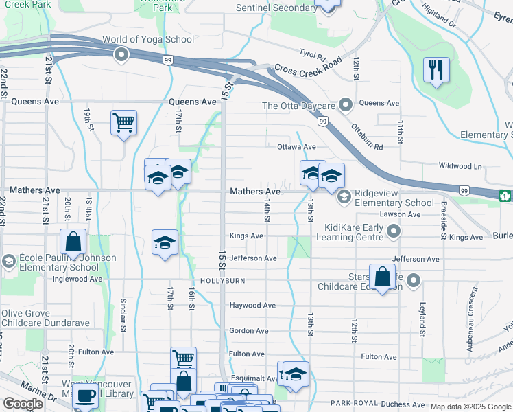 map of restaurants, bars, coffee shops, grocery stores, and more near 1427 Lawson Avenue in West Vancouver