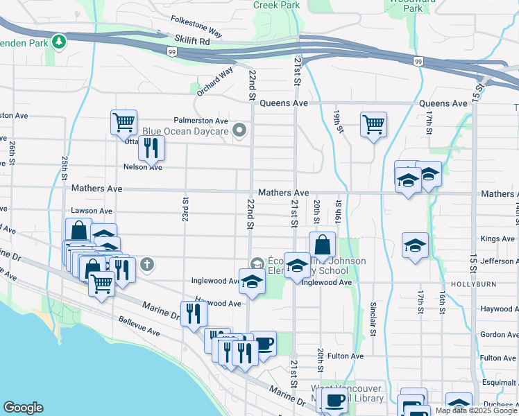 map of restaurants, bars, coffee shops, grocery stores, and more near 2185 Lawson Avenue in West Vancouver