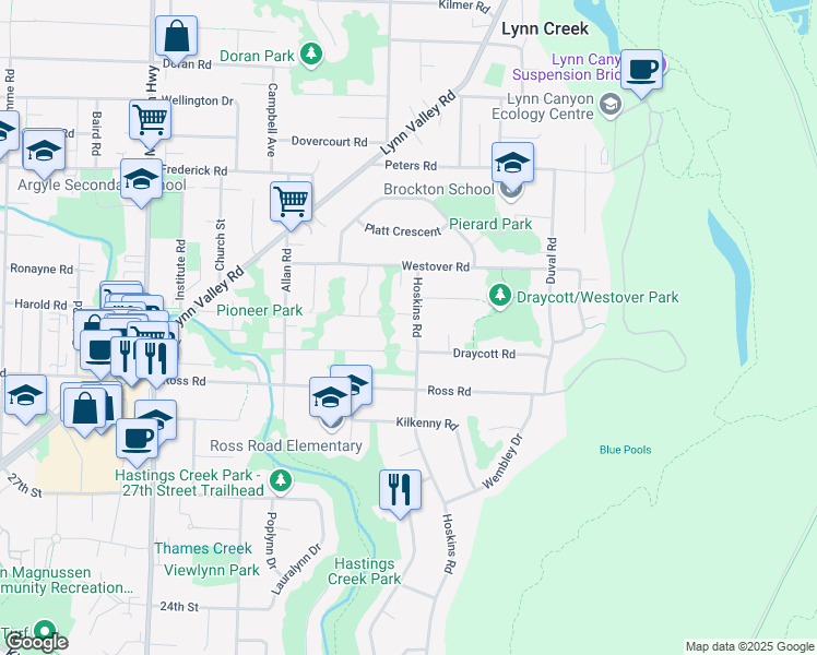 map of restaurants, bars, coffee shops, grocery stores, and more near 3193 Hoskins Road in North Vancouver