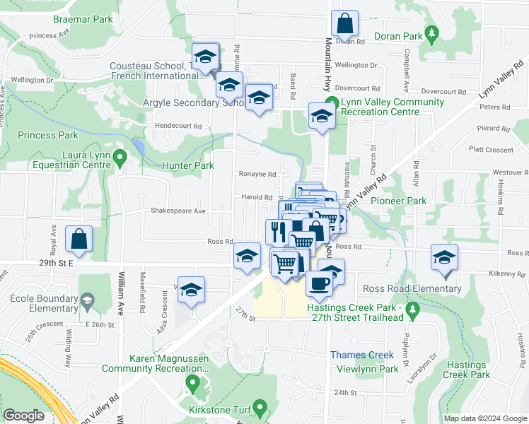 map of restaurants, bars, coffee shops, grocery stores, and more near in North Vancouver