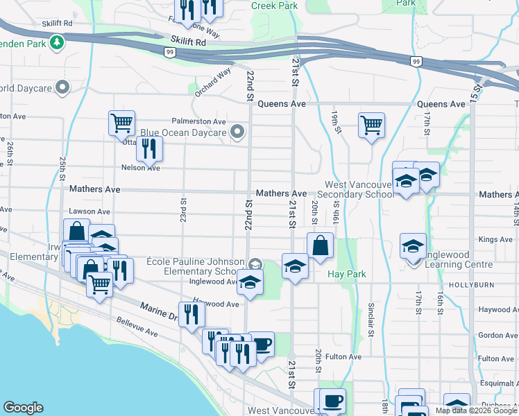 map of restaurants, bars, coffee shops, grocery stores, and more near 2175 Lawson Avenue in West Vancouver