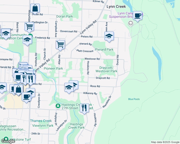 map of restaurants, bars, coffee shops, grocery stores, and more near 3192 Hoskins Road in North Vancouver