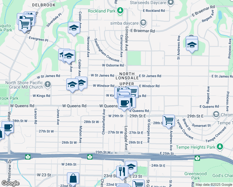 map of restaurants, bars, coffee shops, grocery stores, and more near 138 West Kings Road in North Vancouver