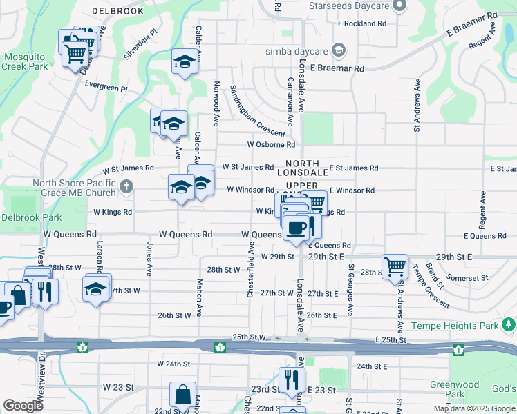 map of restaurants, bars, coffee shops, grocery stores, and more near 186 West Kings Road in North Vancouver