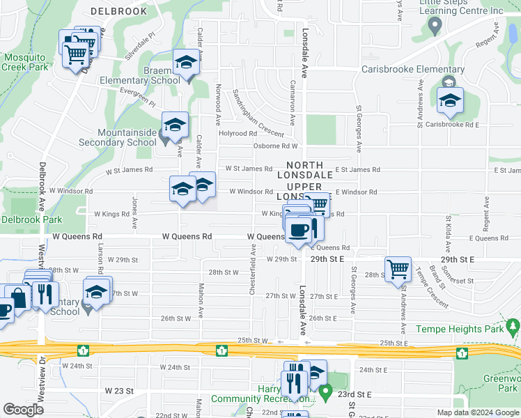 map of restaurants, bars, coffee shops, grocery stores, and more near 186 West Kings Road in North Vancouver