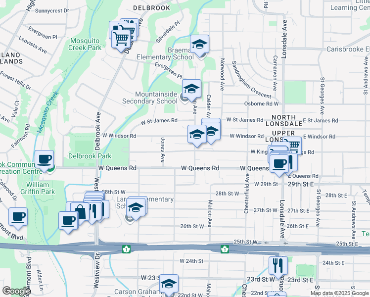 map of restaurants, bars, coffee shops, grocery stores, and more near 430 West Kings Road in North Vancouver