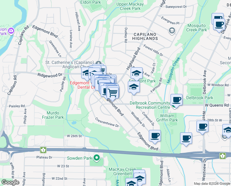 map of restaurants, bars, coffee shops, grocery stores, and more near 3161 Canfield Crescent in North Vancouver