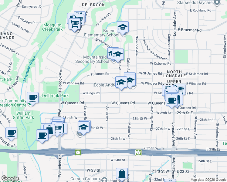 map of restaurants, bars, coffee shops, grocery stores, and more near 430 West Kings Road in North Vancouver