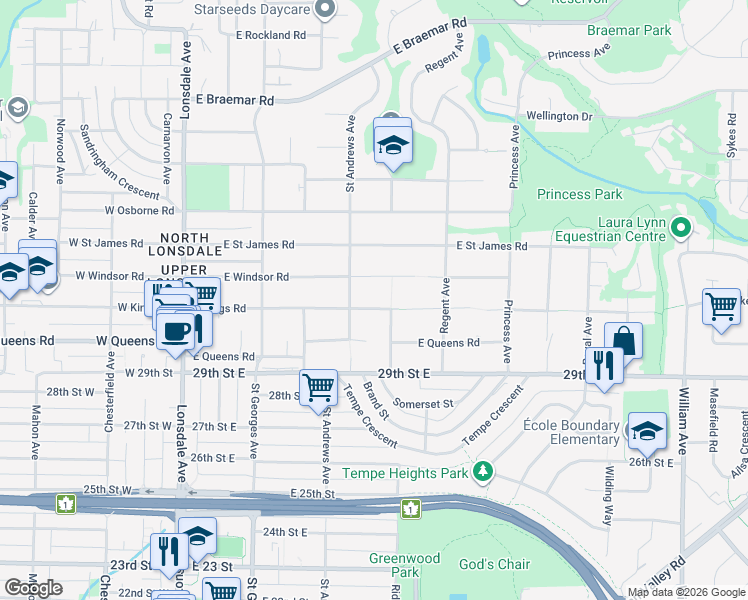 map of restaurants, bars, coffee shops, grocery stores, and more near 466 East Kings Road in North Vancouver