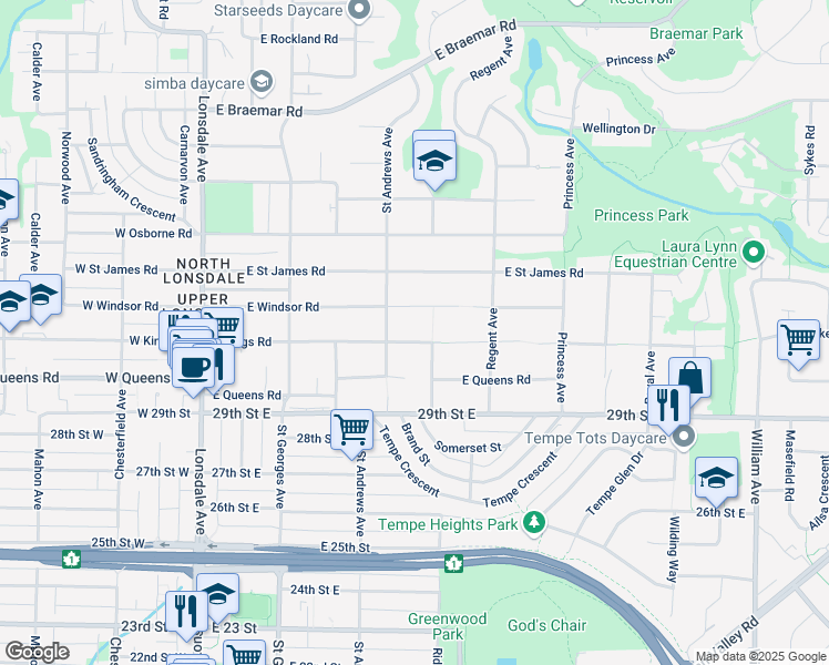 map of restaurants, bars, coffee shops, grocery stores, and more near 466 East Kings Road in North Vancouver