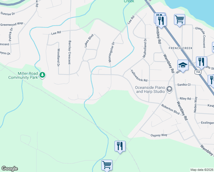map of restaurants, bars, coffee shops, grocery stores, and more near 1191 Rosemount Close in Parksville