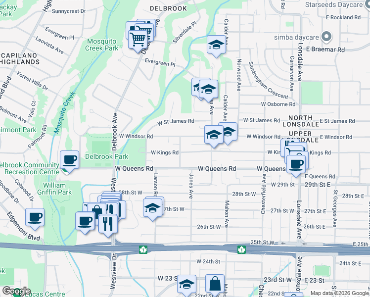 map of restaurants, bars, coffee shops, grocery stores, and more near 488 West Kings Road in North Vancouver
