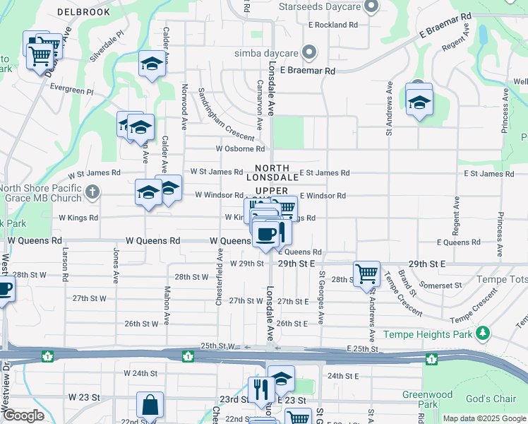 map of restaurants, bars, coffee shops, grocery stores, and more near 106 West Kings Road in North Vancouver
