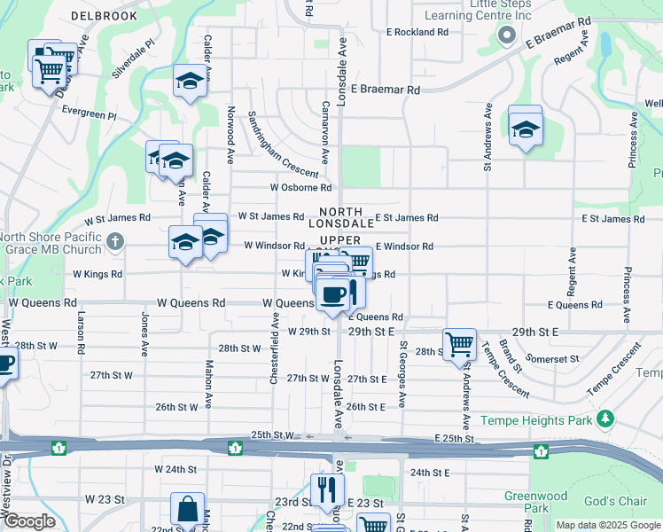 map of restaurants, bars, coffee shops, grocery stores, and more near 106 West Kings Road in North Vancouver