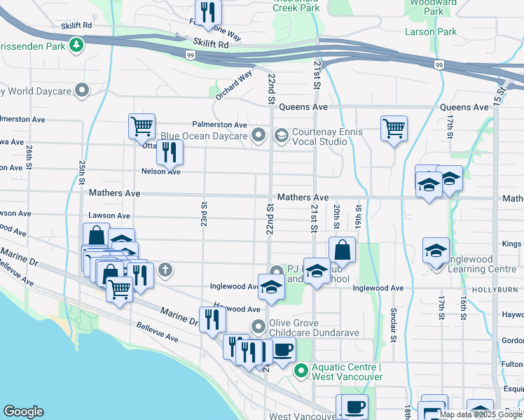 map of restaurants, bars, coffee shops, grocery stores, and more near 1443 22nd Street in West Vancouver